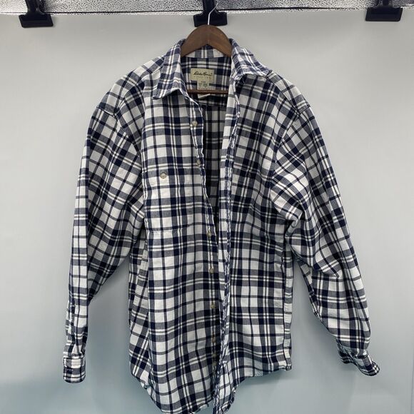 Eddie Bauer Mens Tall XL Heavy Cotton Shirt Blue Plaid Button Down - Picture 1 of 12